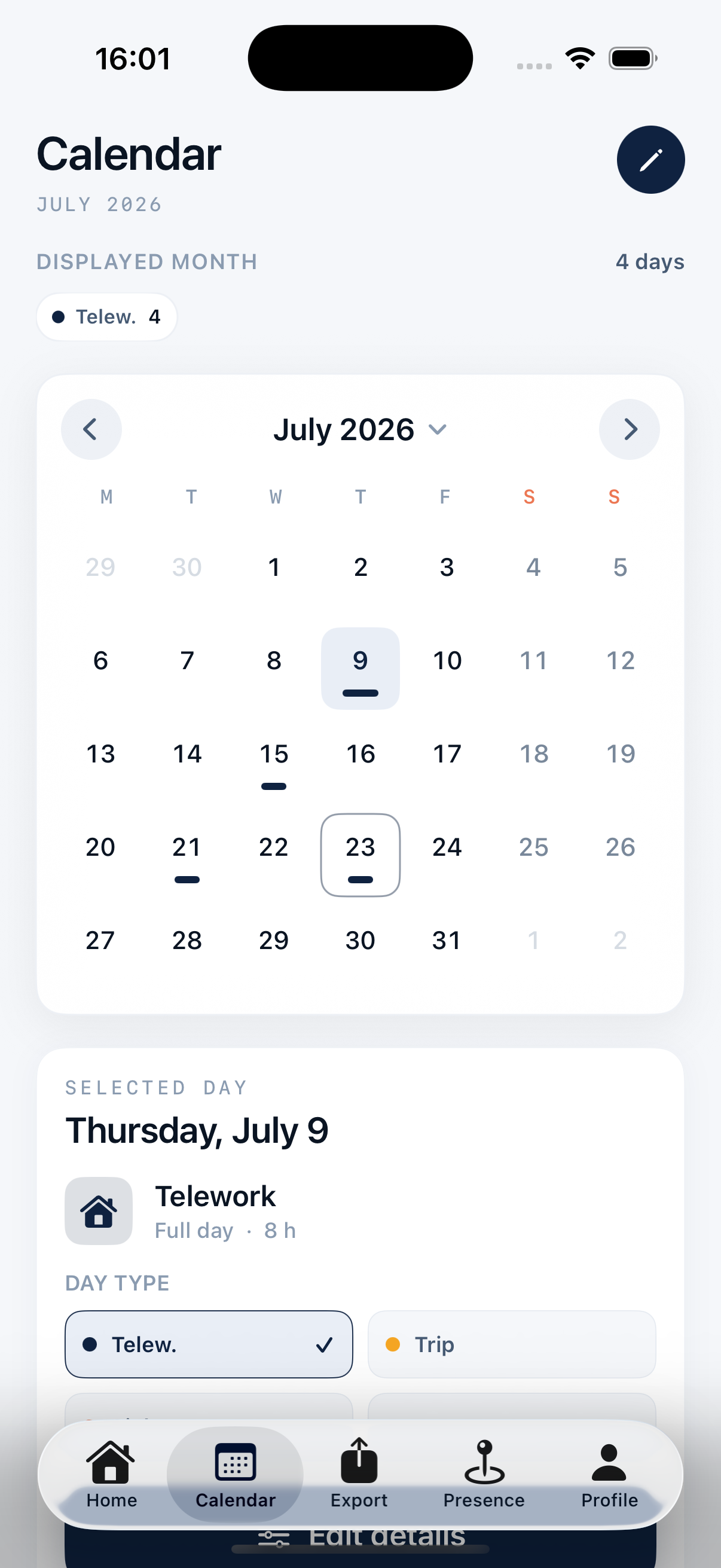 Calendrier mensuel avec les jours de télétravail marqués.