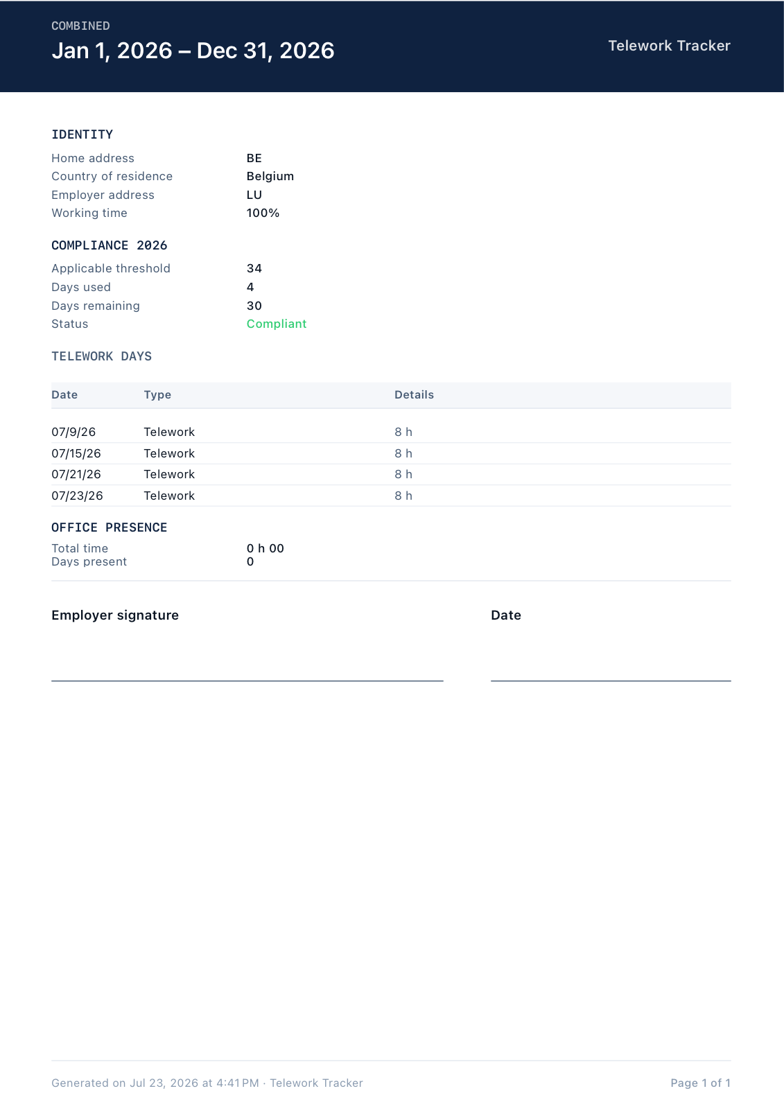 Rapport PDF réel généré par l'app : en-tête, conformité 2026, tableau des jours, ligne de signature.